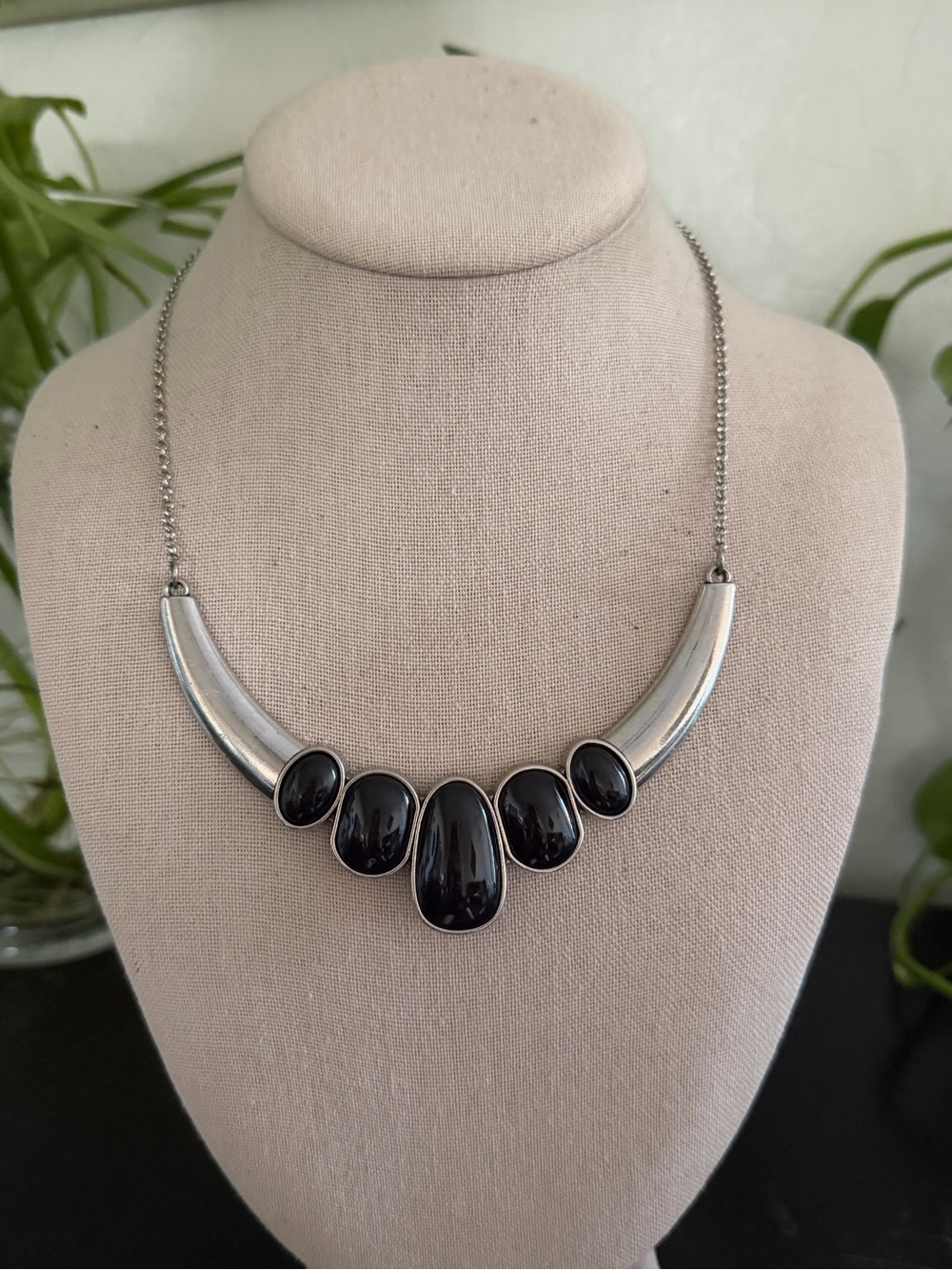 Vintage Black Lucite & Chrome Bib Statement Necklace